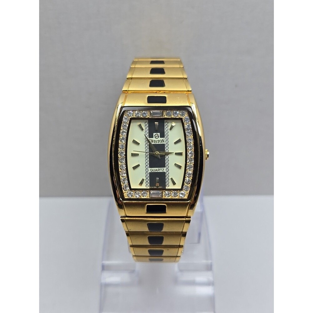 Swiston SW2001M Mens 18K Electro Plated Gold Crystal Tank Watch New Battery